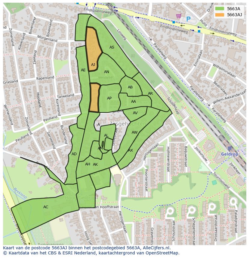 Afbeelding van het postcodegebied 5663 AJ op de kaart.