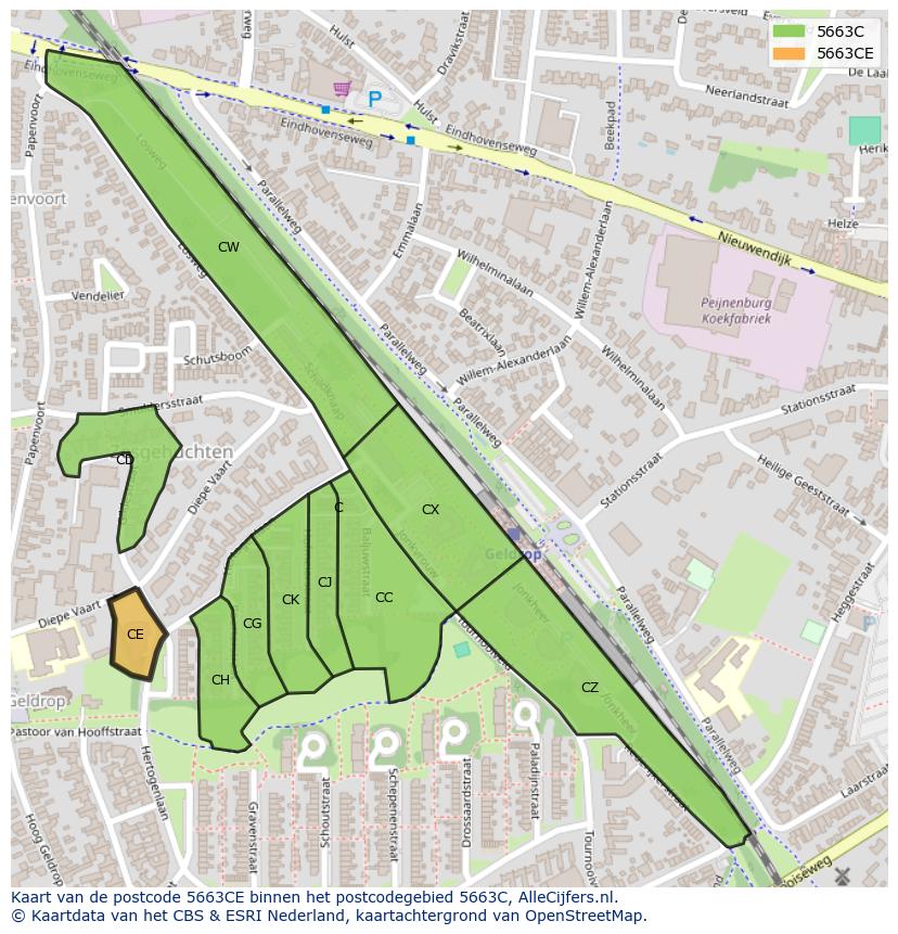 Afbeelding van het postcodegebied 5663 CE op de kaart.