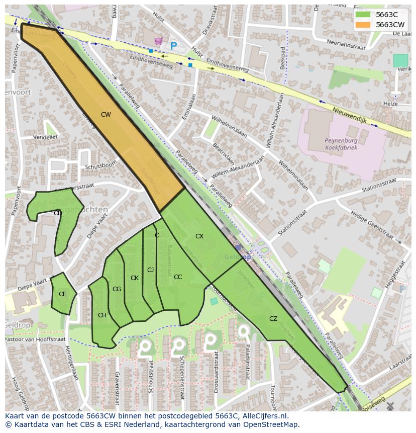 Afbeelding van het postcodegebied 5663 CW op de kaart.