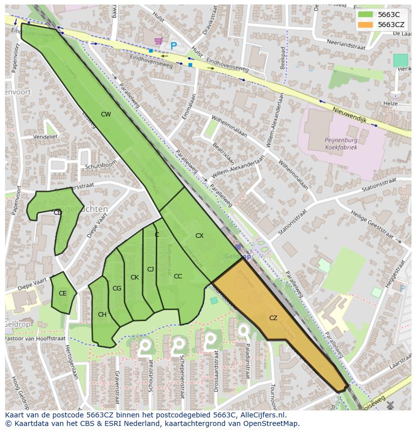Afbeelding van het postcodegebied 5663 CZ op de kaart.
