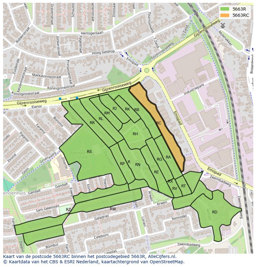 Afbeelding van het postcodegebied 5663 RC op de kaart.