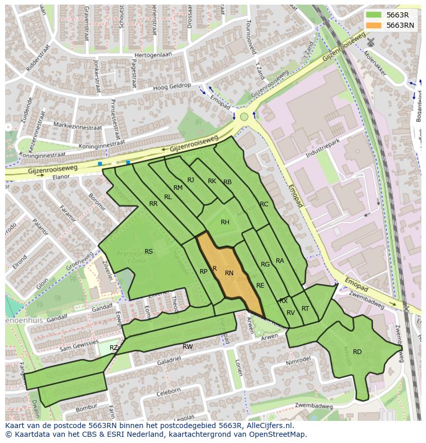 Afbeelding van het postcodegebied 5663 RN op de kaart.