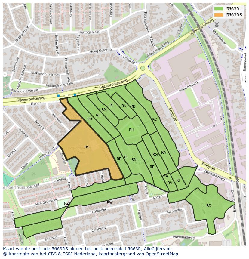 Afbeelding van het postcodegebied 5663 RS op de kaart.