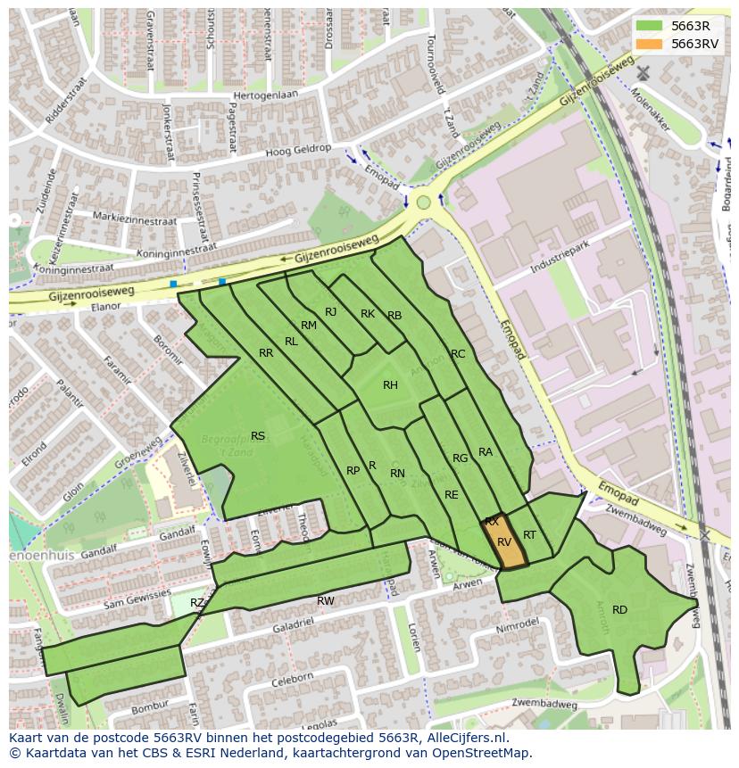 Afbeelding van het postcodegebied 5663 RV op de kaart.