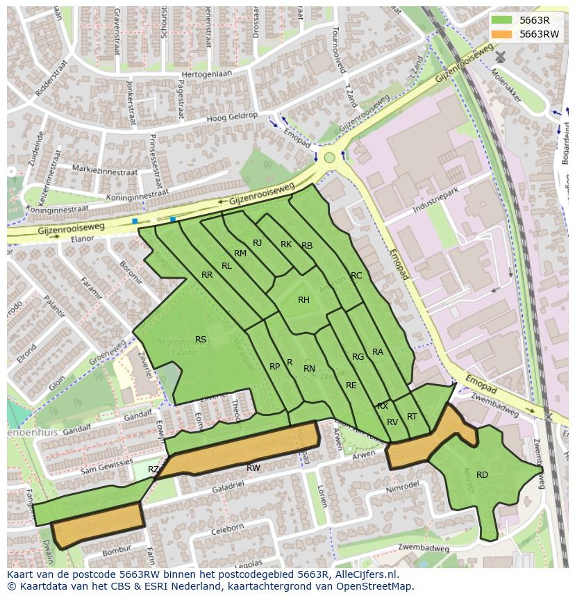 Afbeelding van het postcodegebied 5663 RW op de kaart.