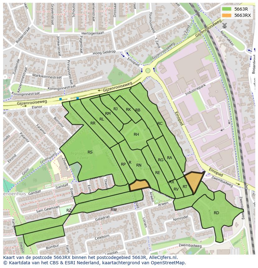 Afbeelding van het postcodegebied 5663 RX op de kaart.