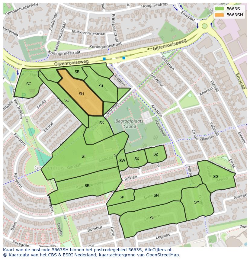 Afbeelding van het postcodegebied 5663 SH op de kaart.