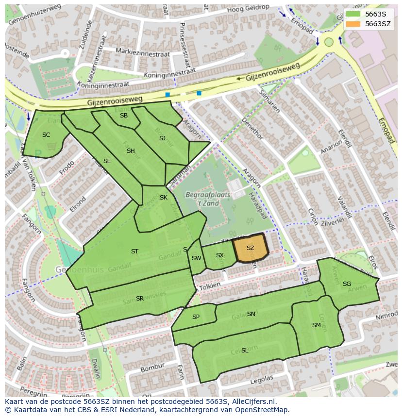 Afbeelding van het postcodegebied 5663 SZ op de kaart.