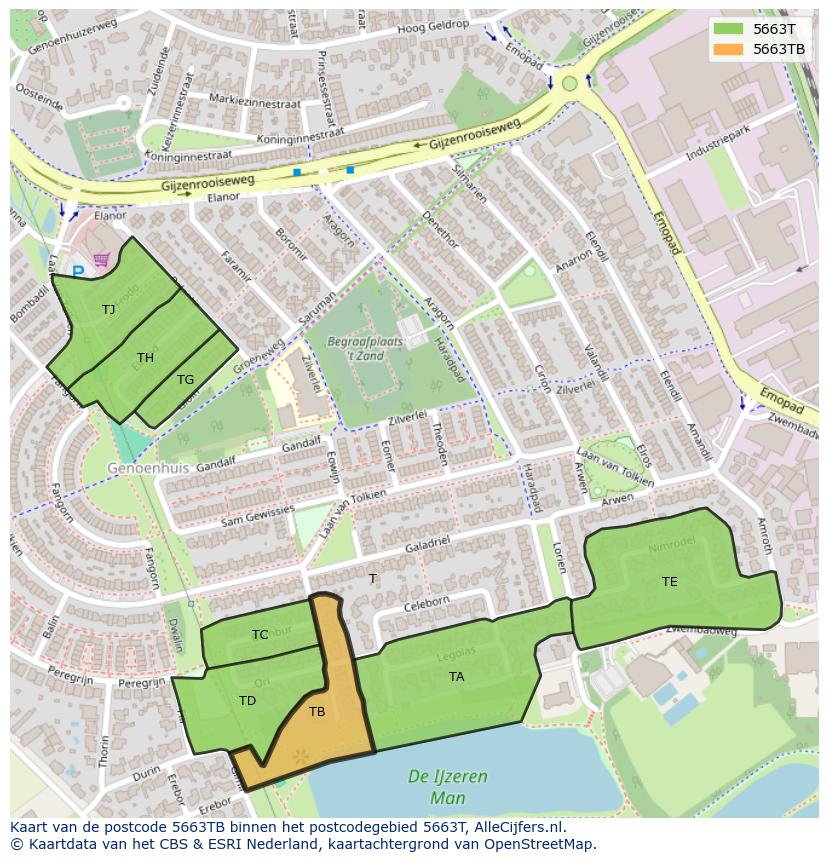 Afbeelding van het postcodegebied 5663 TB op de kaart.