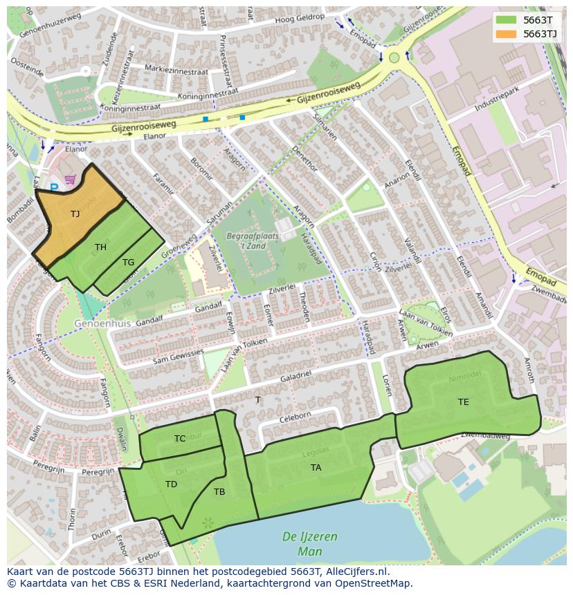 Afbeelding van het postcodegebied 5663 TJ op de kaart.