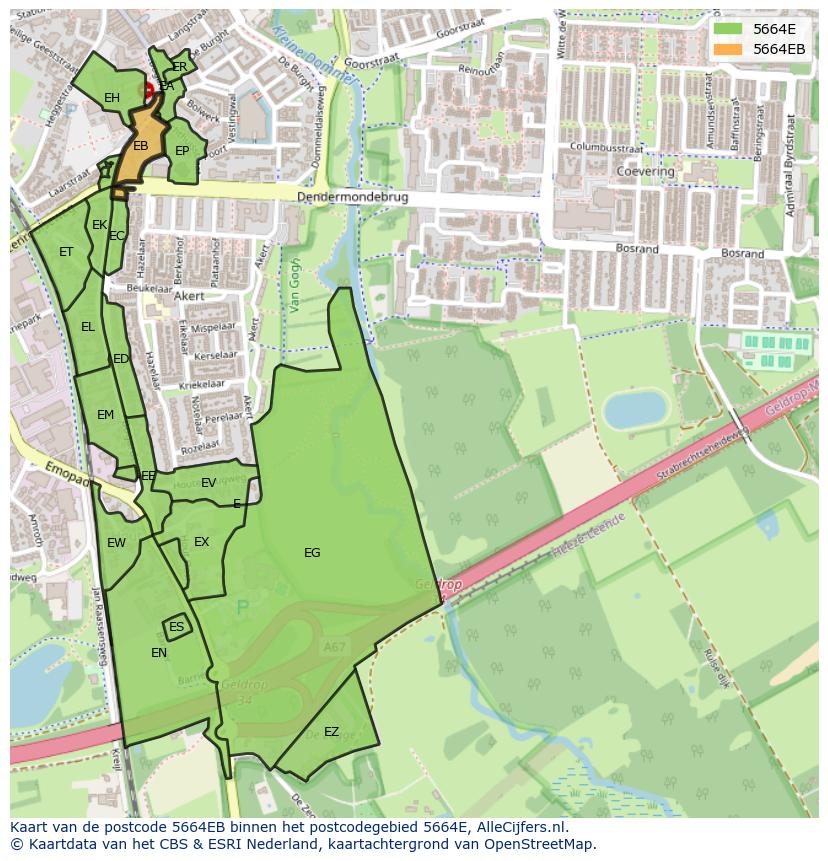 Afbeelding van het postcodegebied 5664 EB op de kaart.