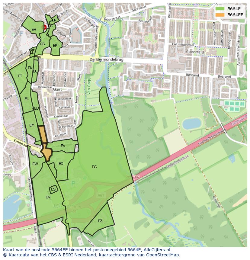 Afbeelding van het postcodegebied 5664 EE op de kaart.