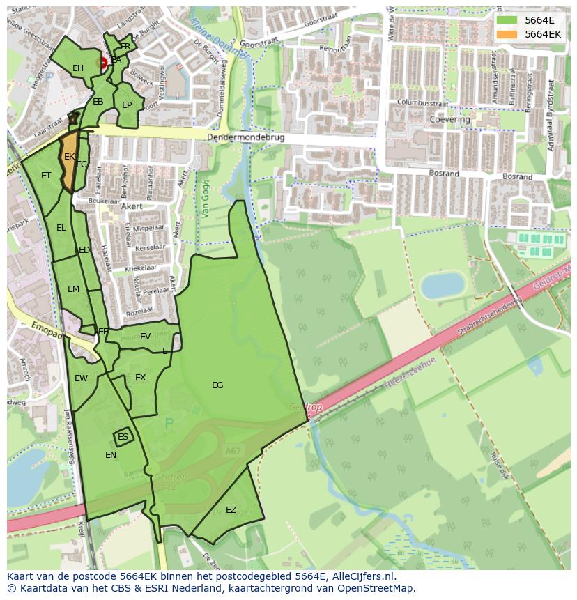 Afbeelding van het postcodegebied 5664 EK op de kaart.