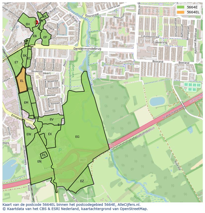 Afbeelding van het postcodegebied 5664 EL op de kaart.