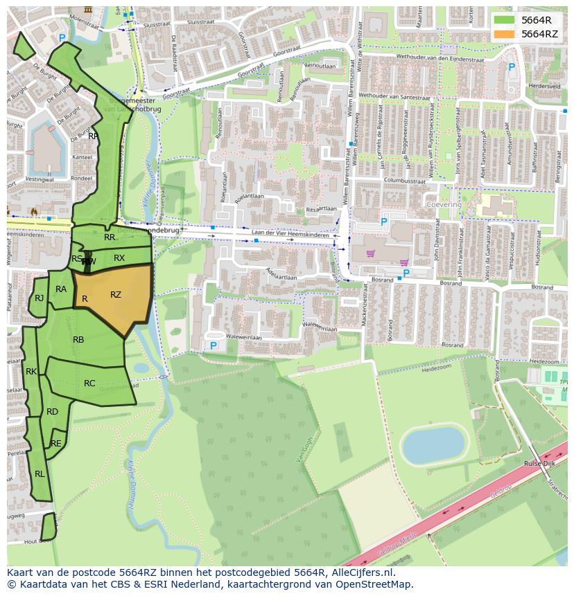 Afbeelding van het postcodegebied 5664 RZ op de kaart.