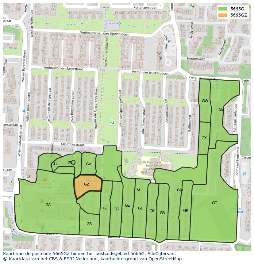 Afbeelding van het postcodegebied 5665 GZ op de kaart.