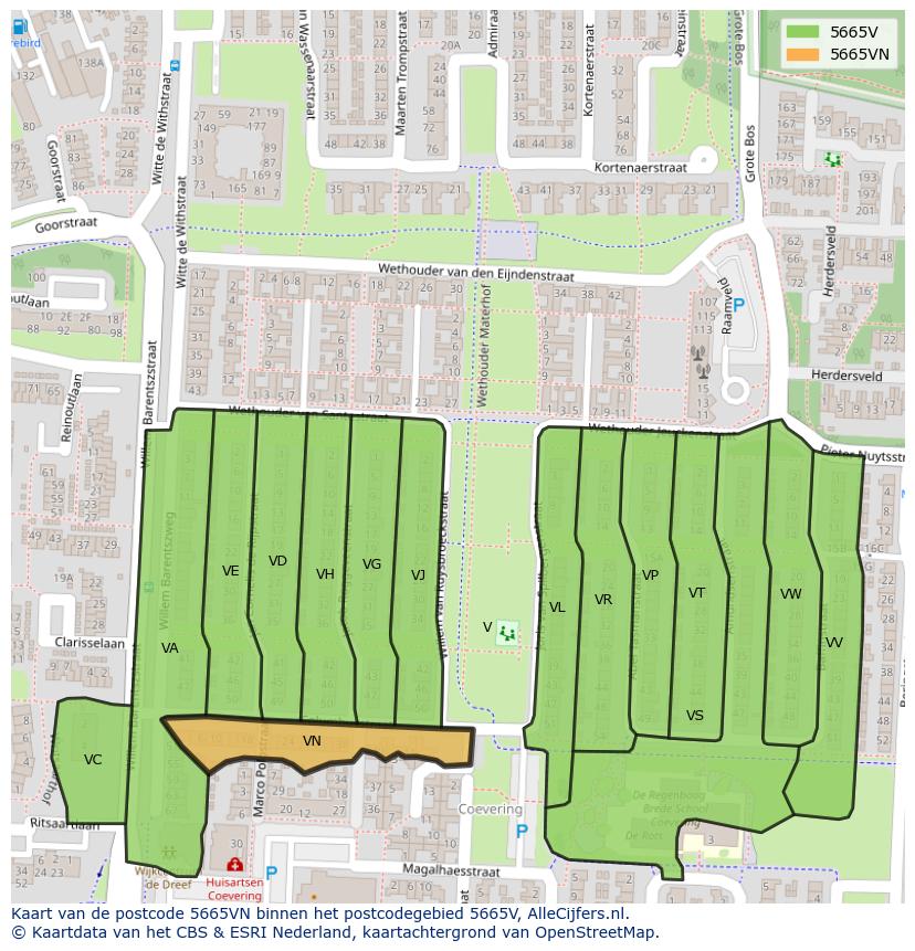 Afbeelding van het postcodegebied 5665 VN op de kaart.