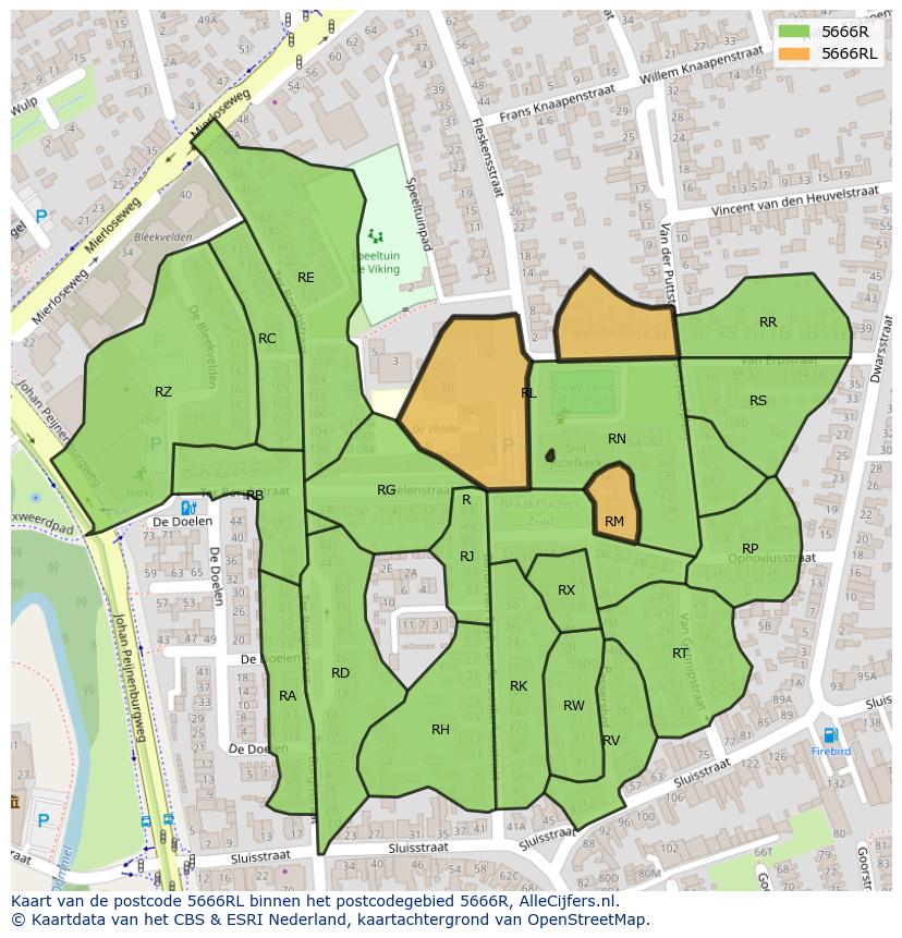 Afbeelding van het postcodegebied 5666 RL op de kaart.