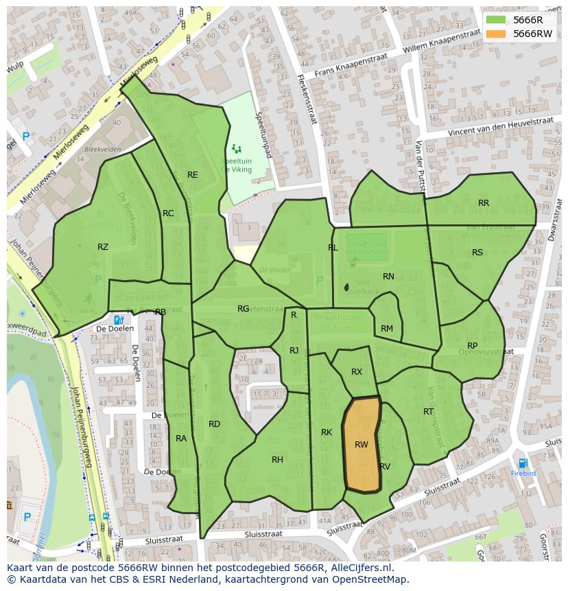 Afbeelding van het postcodegebied 5666 RW op de kaart.