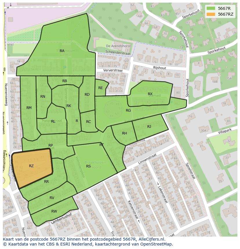 Afbeelding van het postcodegebied 5667 RZ op de kaart.