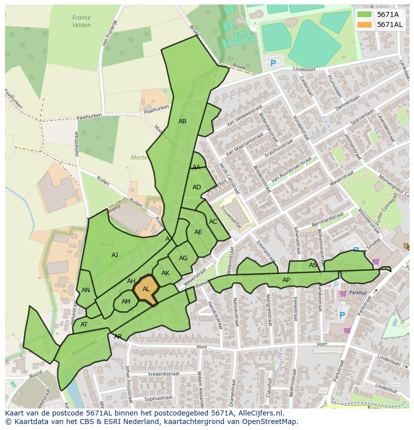 Afbeelding van het postcodegebied 5671 AL op de kaart.
