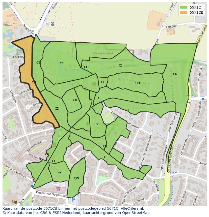 Afbeelding van het postcodegebied 5671 CB op de kaart.