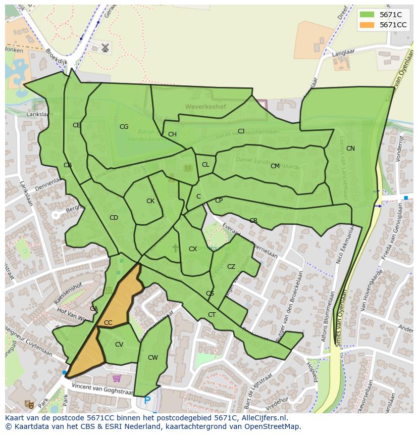 Afbeelding van het postcodegebied 5671 CC op de kaart.