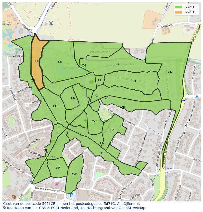 Afbeelding van het postcodegebied 5671 CE op de kaart.