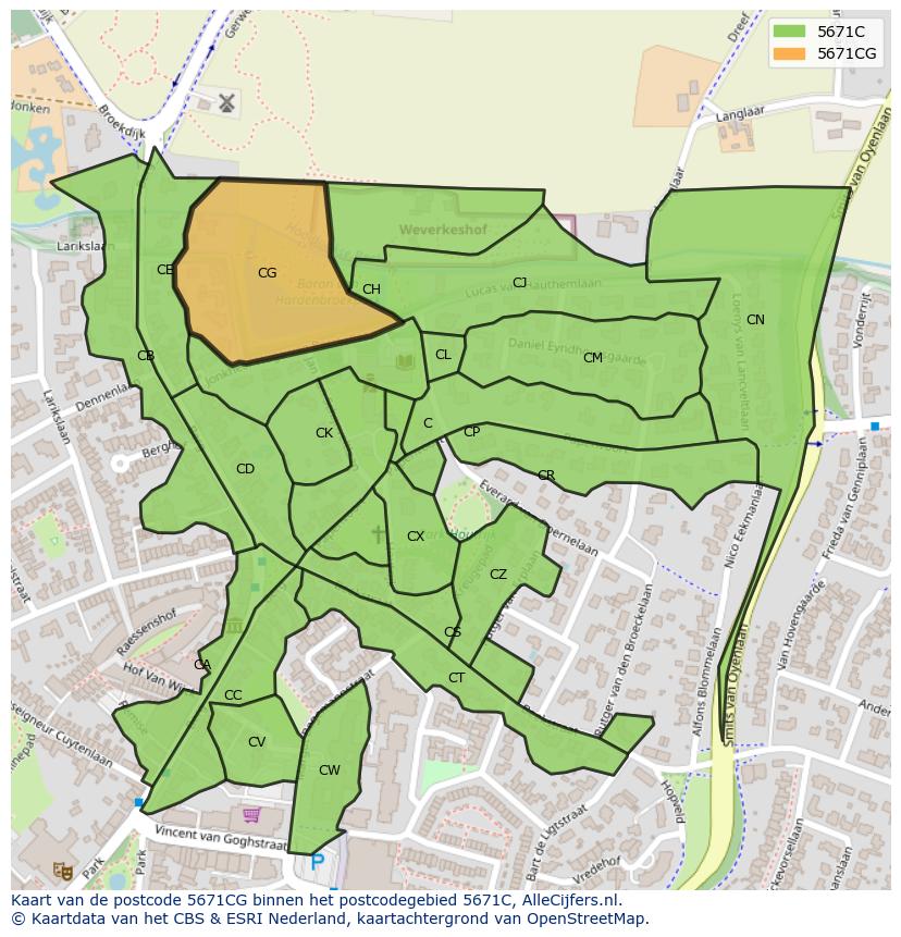 Afbeelding van het postcodegebied 5671 CG op de kaart.