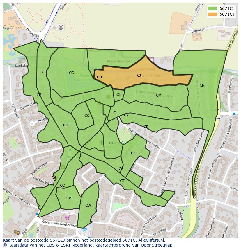 Afbeelding van het postcodegebied 5671 CJ op de kaart.