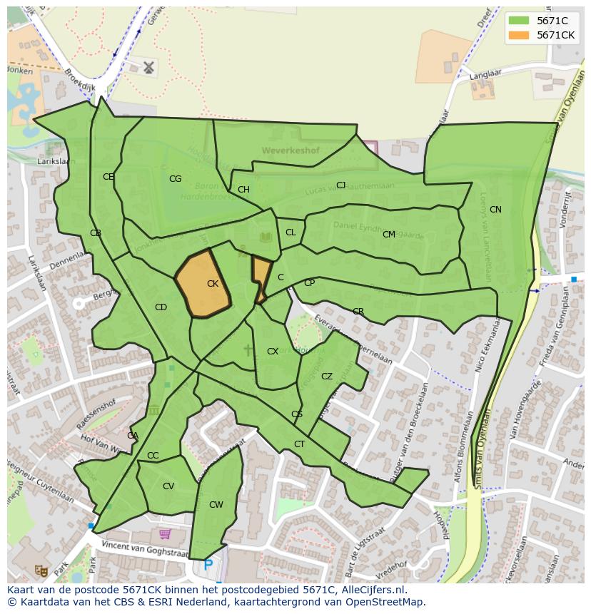 Afbeelding van het postcodegebied 5671 CK op de kaart.