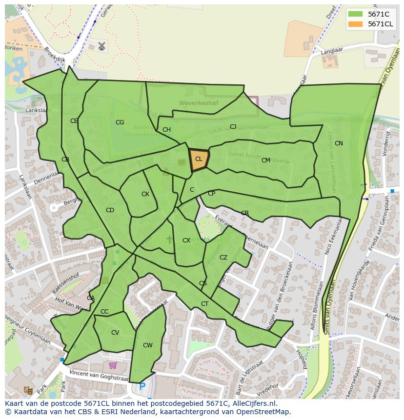 Afbeelding van het postcodegebied 5671 CL op de kaart.