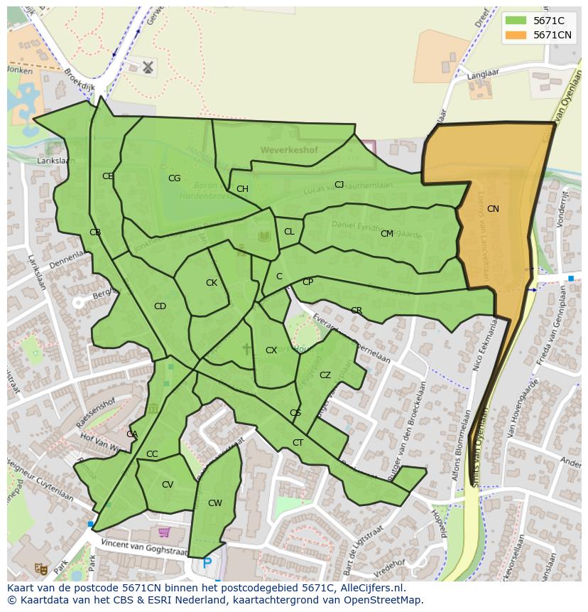 Afbeelding van het postcodegebied 5671 CN op de kaart.