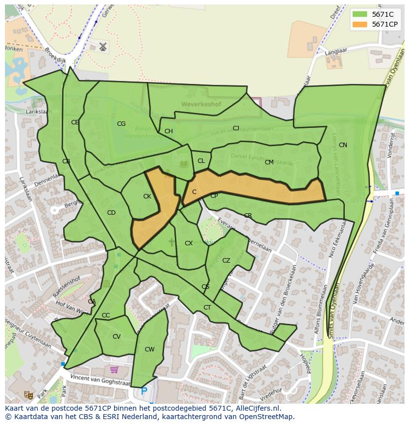 Afbeelding van het postcodegebied 5671 CP op de kaart.