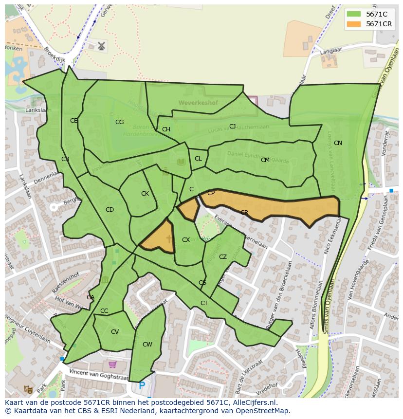 Afbeelding van het postcodegebied 5671 CR op de kaart.