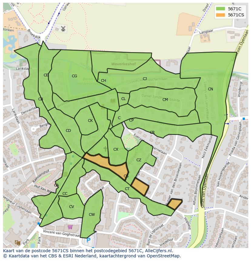 Afbeelding van het postcodegebied 5671 CS op de kaart.