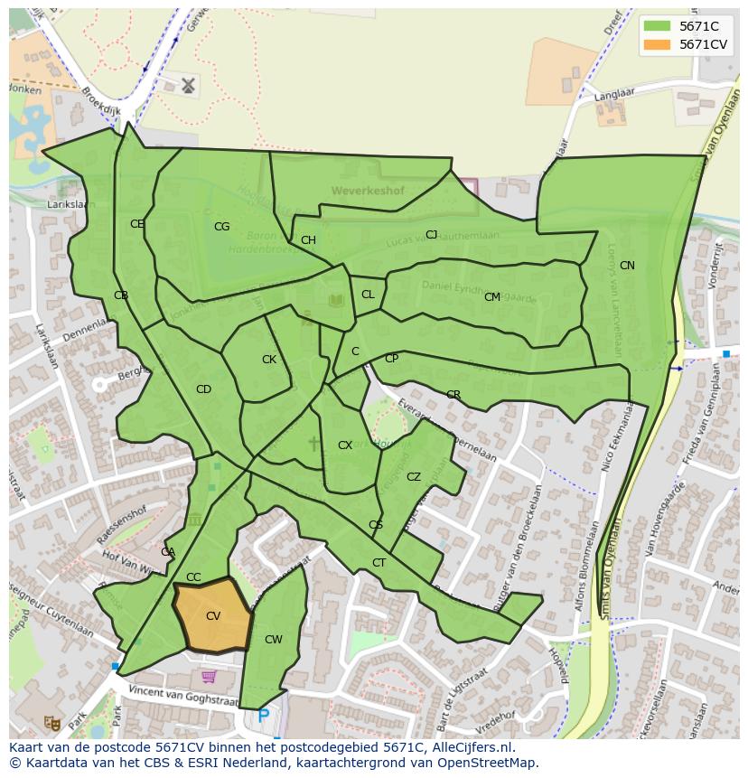 Afbeelding van het postcodegebied 5671 CV op de kaart.
