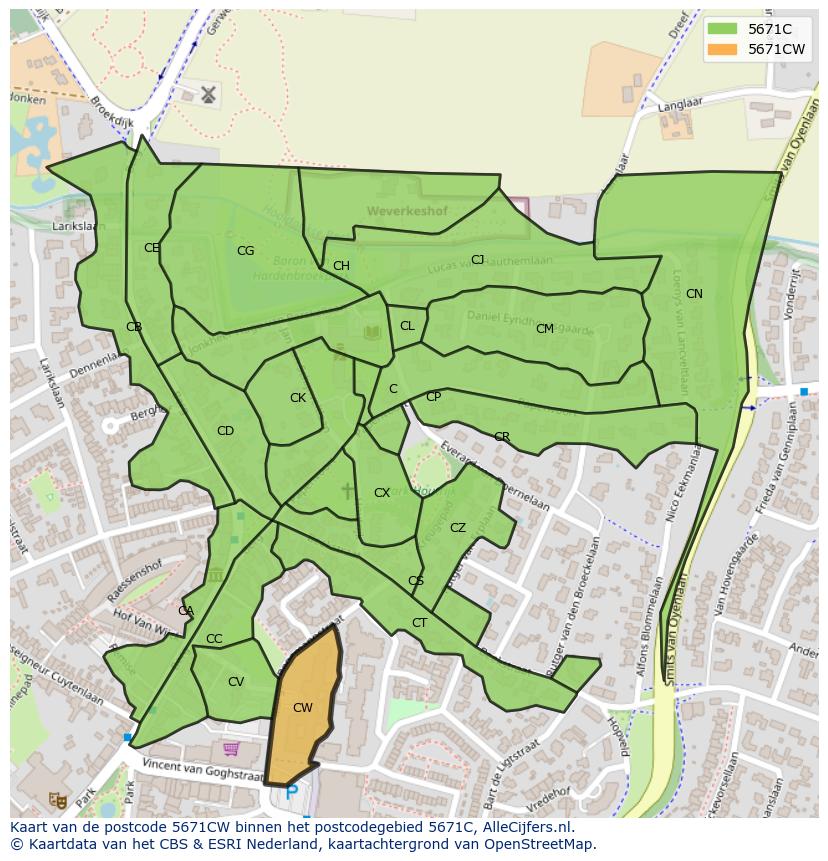 Afbeelding van het postcodegebied 5671 CW op de kaart.
