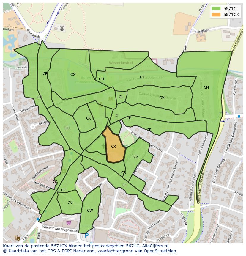 Afbeelding van het postcodegebied 5671 CX op de kaart.