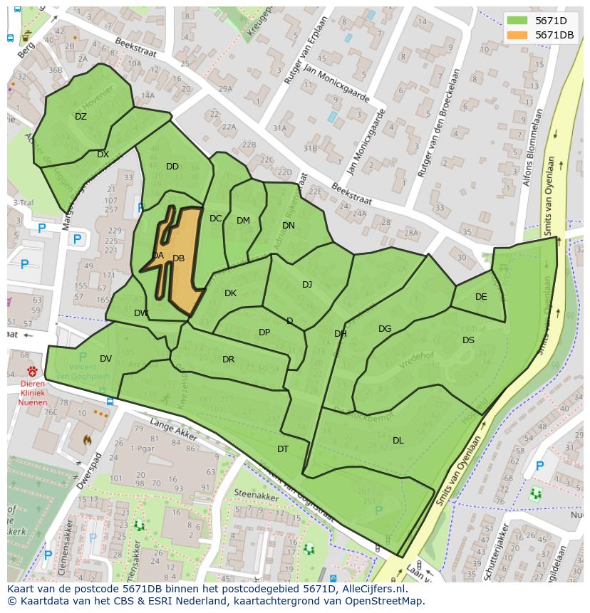 Afbeelding van het postcodegebied 5671 DB op de kaart.
