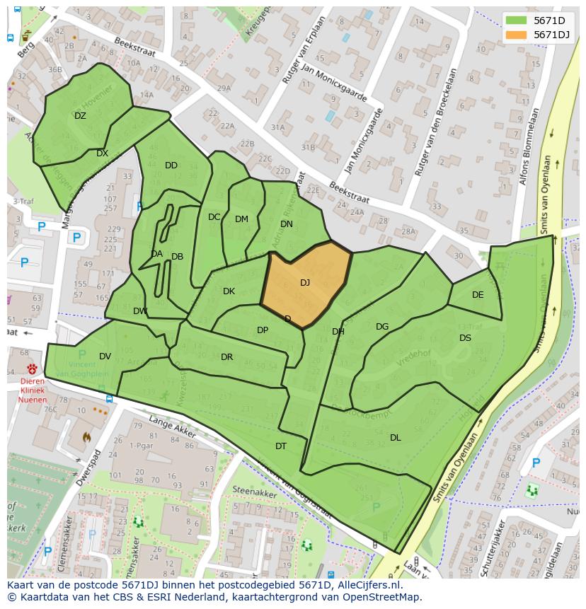 Afbeelding van het postcodegebied 5671 DJ op de kaart.