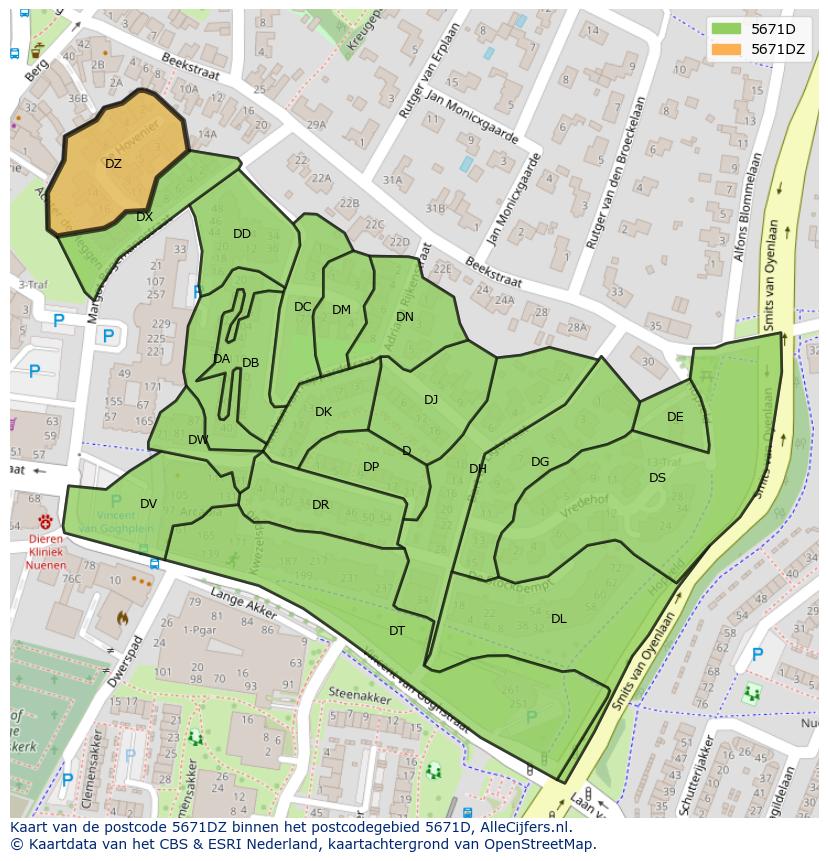 Afbeelding van het postcodegebied 5671 DZ op de kaart.