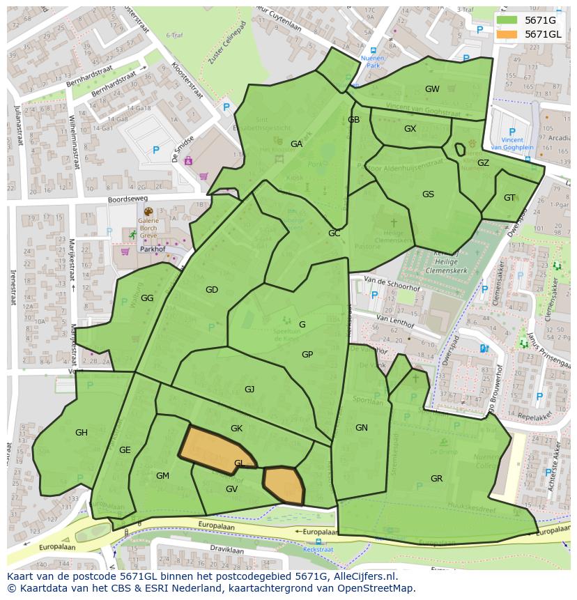 Afbeelding van het postcodegebied 5671 GL op de kaart.
