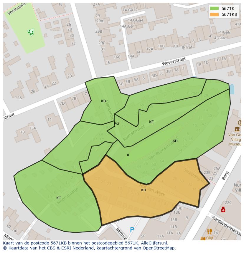 Afbeelding van het postcodegebied 5671 KB op de kaart.
