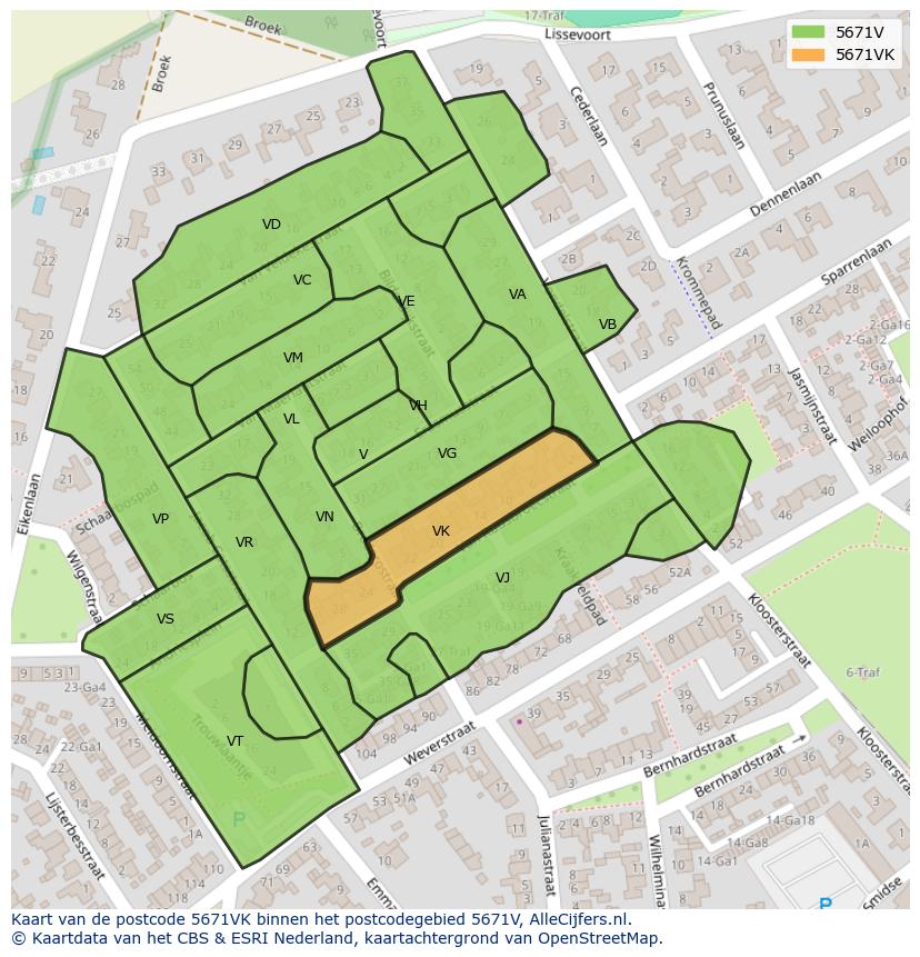 Afbeelding van het postcodegebied 5671 VK op de kaart.
