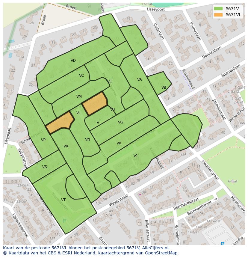 Afbeelding van het postcodegebied 5671 VL op de kaart.