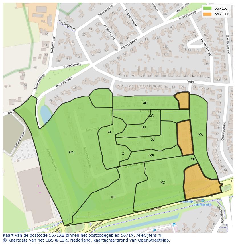 Afbeelding van het postcodegebied 5671 XB op de kaart.