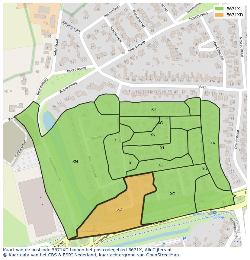 Afbeelding van het postcodegebied 5671 XD op de kaart.