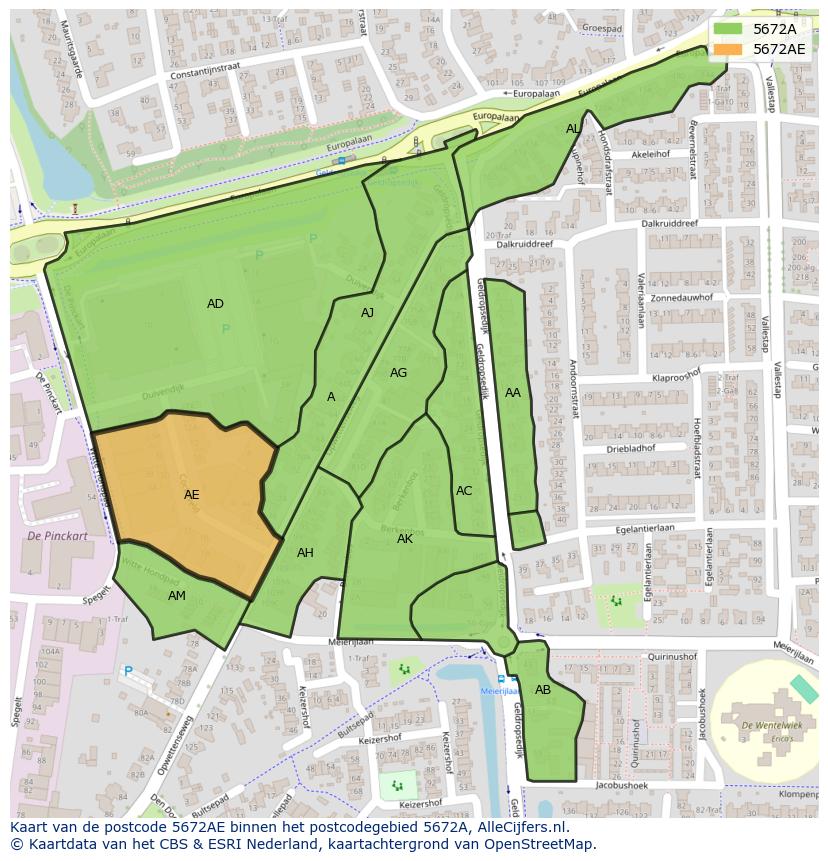 Afbeelding van het postcodegebied 5672 AE op de kaart.