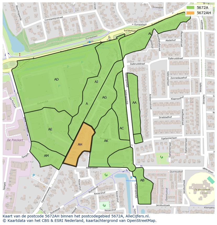 Afbeelding van het postcodegebied 5672 AH op de kaart.